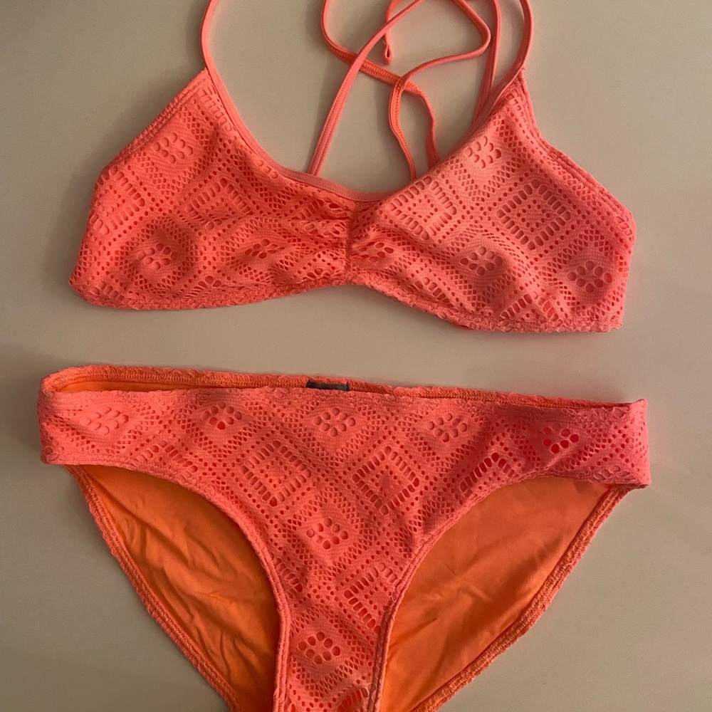 Aerie neon orange patterned bikini top and bottom